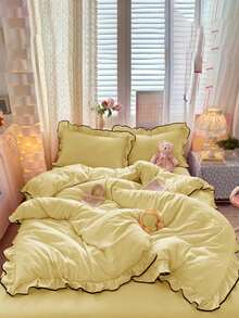 Juego de ropa de cama de 3 piezas con volantes de gasa (1*Funda nórdica + 2*Fundas de almohada), suave y cómodo, adecuado para el dormitorio, excelente como regalo - Dorado - Ver 4