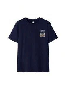 Camiseta Holgada Bohemia Cristiana para Mujer, Camiseta de Moda Transpirable con Cuello Redondo y Estampado de "Tranquilo Sea y Conozca", Paisaje Montañoso en Patchwork y Versículo Bíblico Salmo 46:10, Ropa Urbana Estética Famosa de INS, Ideal para Citas en Cafeterías, Picnics, Viajes y Momentos de Tranquilidad en el Verano Casual. - Marina de - Ver 3
