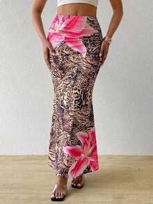Falda plisada con estampado para mujeres, - Marrón - Ver 1