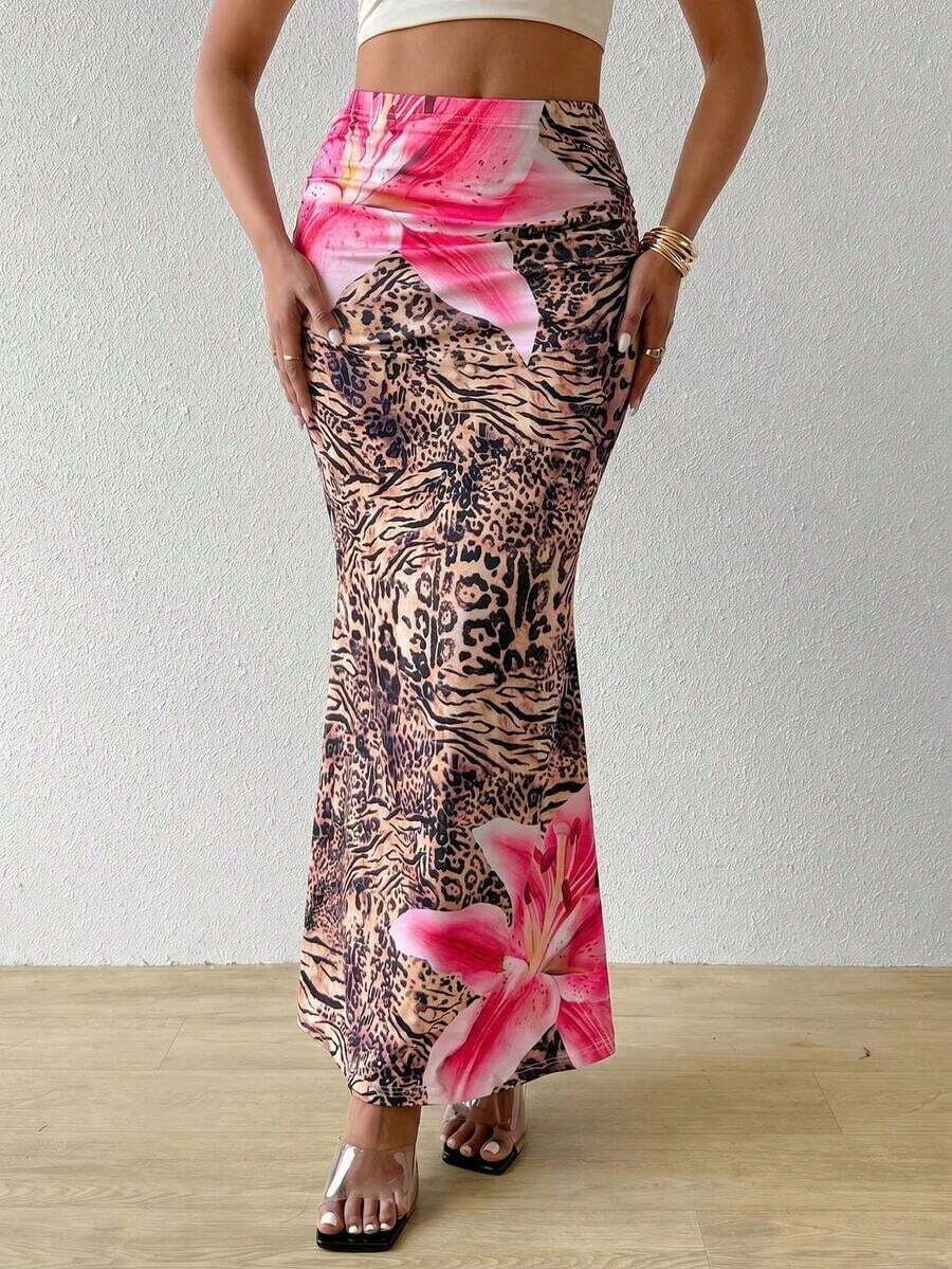 Falda plisada con estampado para mujeres, - Marrón - Ver 1