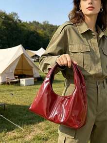 Women's Fashion Solid Color PU Leather Handbag, Versatile For Party, Street, Travel - Red - View 6