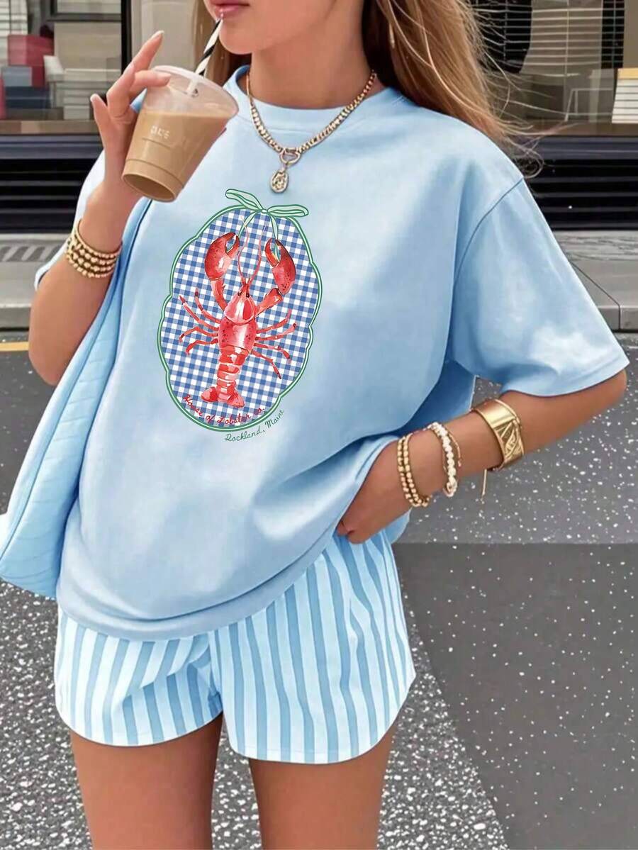 Camiseta oversize celeste de verano para mujer con estampado de langosta a cuadros Camiseta casual celeste de manga corta con langosta, estilo fresco y costero - YH501-Azul - Ver 1