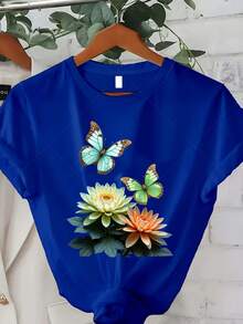 Classic Plus Size - Plus Size - Women's Plus Size T-Shirt With Butterfly And Flower Designs, Perfect For A Casual Summer Style. This Nature-Inspired T-Shirt Features A Crew Neck And Short Sleeves. A Bestseller. - 藍色 - 查看 7