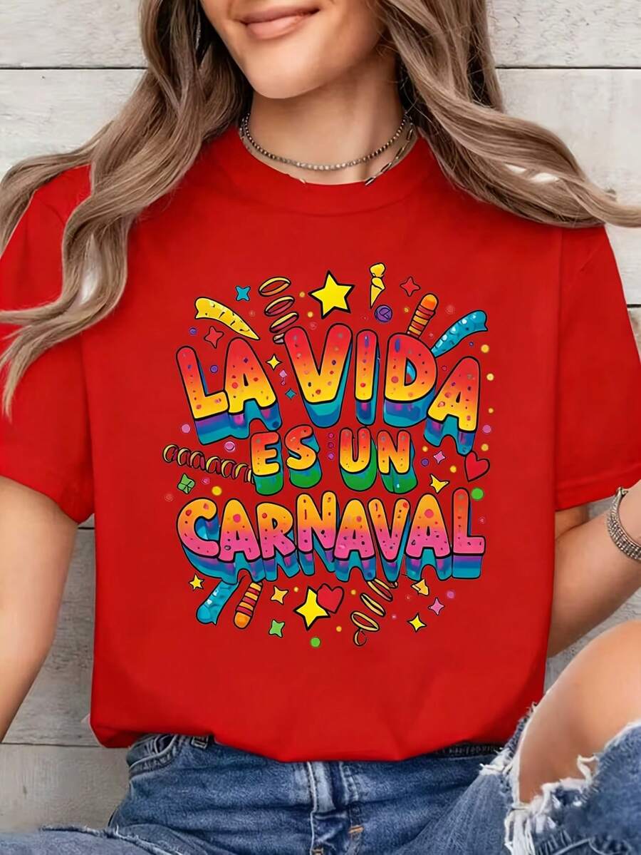 Camiseta de mujer de edición limitada Carnival | Camiseta con Estampado de Letras Coloridas de Carnaval - Primavera/Verano, Suave, Transpirable, Manga Corta, Cuello Redondo, Estilo Casual, Lavable a Máquina, Corte Regular | Lavable a máquina, ideal para regalar a amigos. | Conjuntos de Ropa para las Fiestas | Traje Esencial de Carnaval 100% Algodón - Rojo - Ver 1