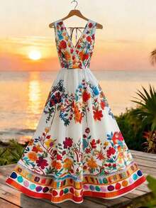 Vestido de línea A sin mangas con estampado de colocación de cuello en V de colores múltiples para vacaciones de verano de mujer - Multicolor - Ver 8