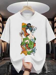 Camiseta para Hombre con Diseño de Geisha| Kimono japonés tradicional con estampado de peces koi, impresión pura y de alta calidad, duradero, estilo casual, cuello redondo, corte regular, manga corta. - Blanco - Ver 1