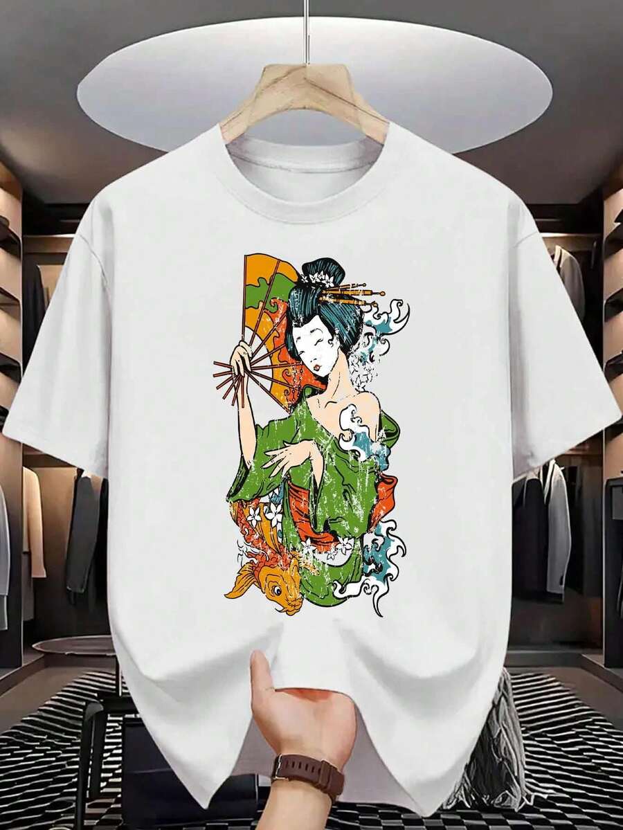 Camiseta para Hombre con Diseño de Geisha| Kimono japonés tradicional con estampado de peces koi, impresión pura y de alta calidad, duradero, estilo casual, cuello redondo, corte regular, manga corta. - Blanco - Ver 1