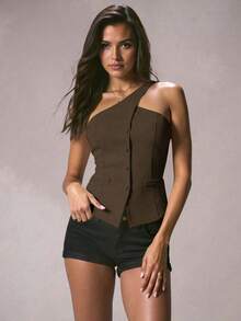 Blazer informal sin mangas de color albaricoque para mujer, conjunto de verano versátil - Marrón - Ver 1