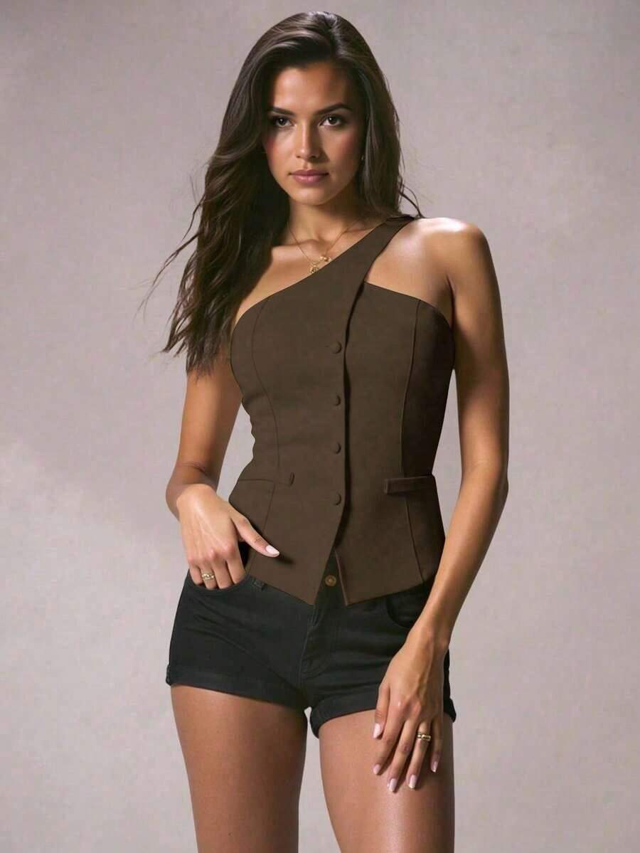 Blazer informal sin mangas de color albaricoque para mujer, conjunto de verano versátil - Marrón - Ver 1