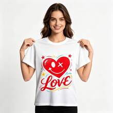 Tops para mujer juvenil de una pieza con estampado de corazones, estilo urbano, para mujer, con estampado de rostro, ropa casual de primavera/verano para exteriores. - Blanco - Ver 1
