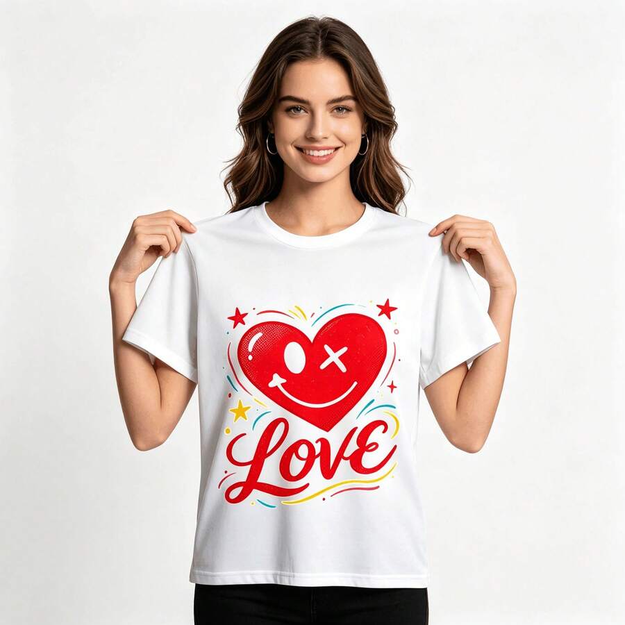 Tops para mujer juvenil de una pieza con estampado de corazones, estilo urbano, para mujer, con estampado de rostro, ropa casual de primavera/verano para exteriores. - Blanco - Ver 1