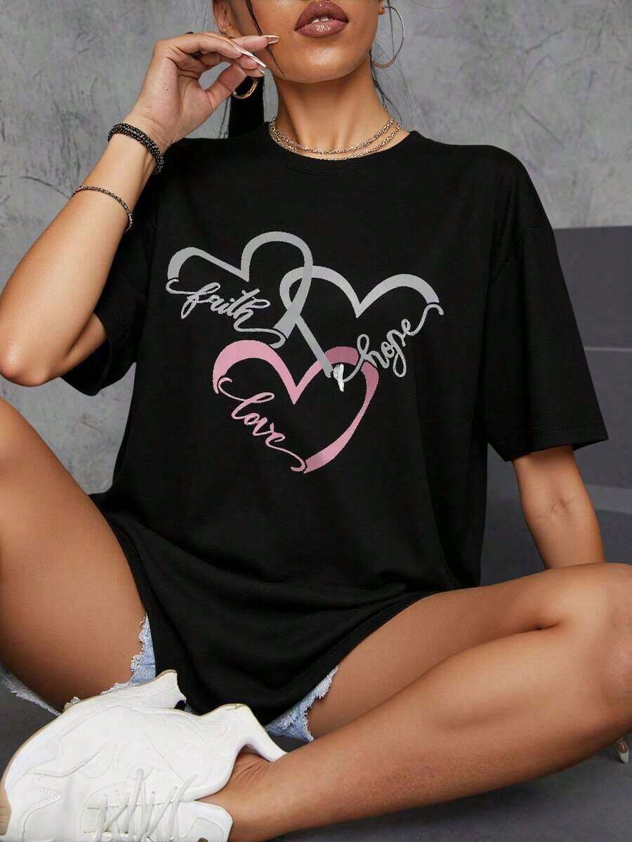 Camiseta Deportiva Casual con Letras para Oficina y Hogar - Negro - Ver 1