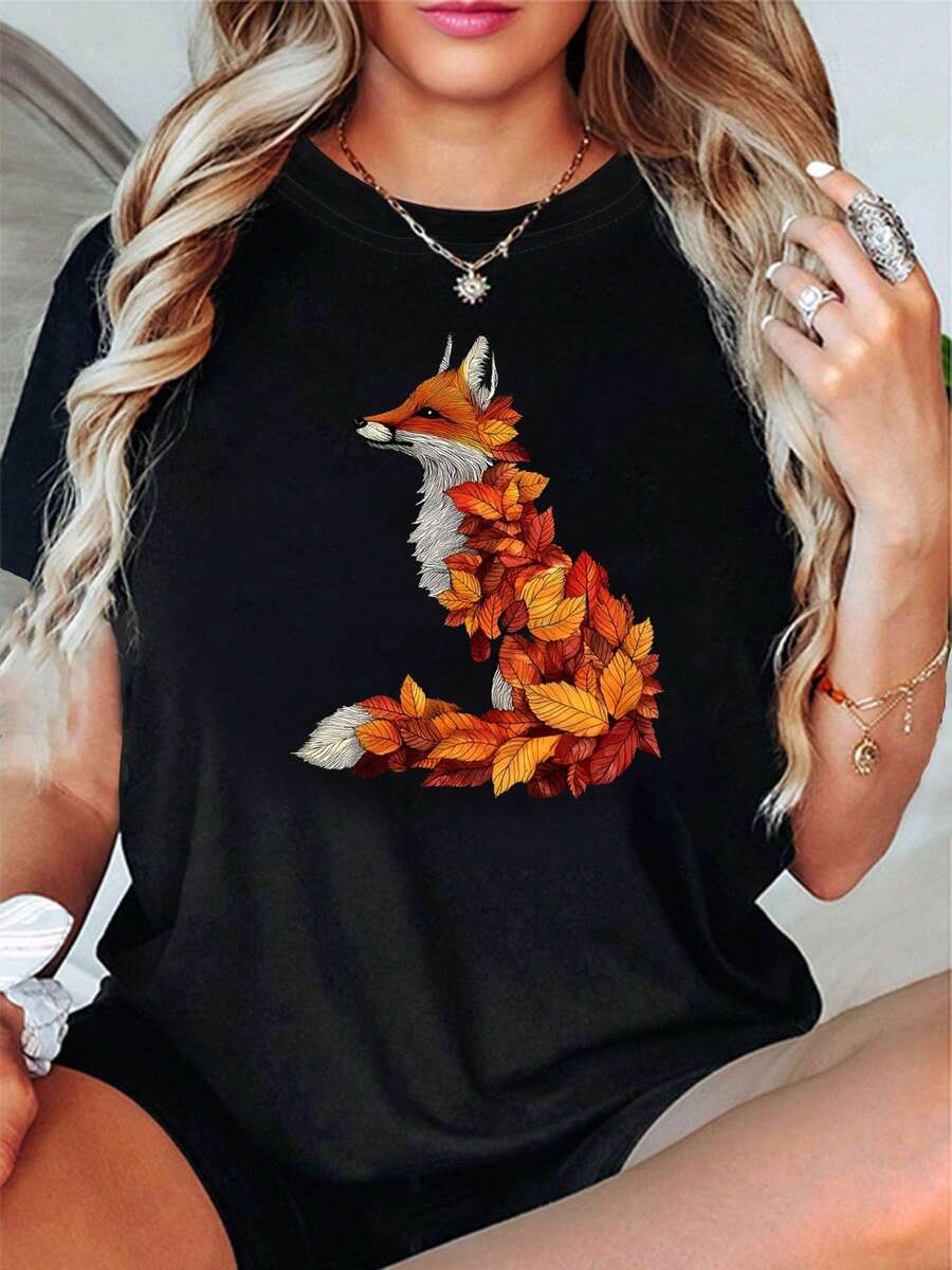Women's T-Shirts, Women's T-Shirts, Autumn Leaf Fox, A T-Shirt With A Design That Combines Nature And Art - Casual Short-Sleeved Top With Round Neck, Artistic Style, Full Of Autumnal And Artistic Sense. - 1件白色隨機圖案 - 查看 1