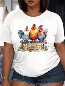 1 Piece T-Shirt With Design Of Hen, Rooster And Hen On A Bench With Floral Garden, For Party, 220g, 100% Cotton, Women's Warm Clothing - 白色 - 查看 7