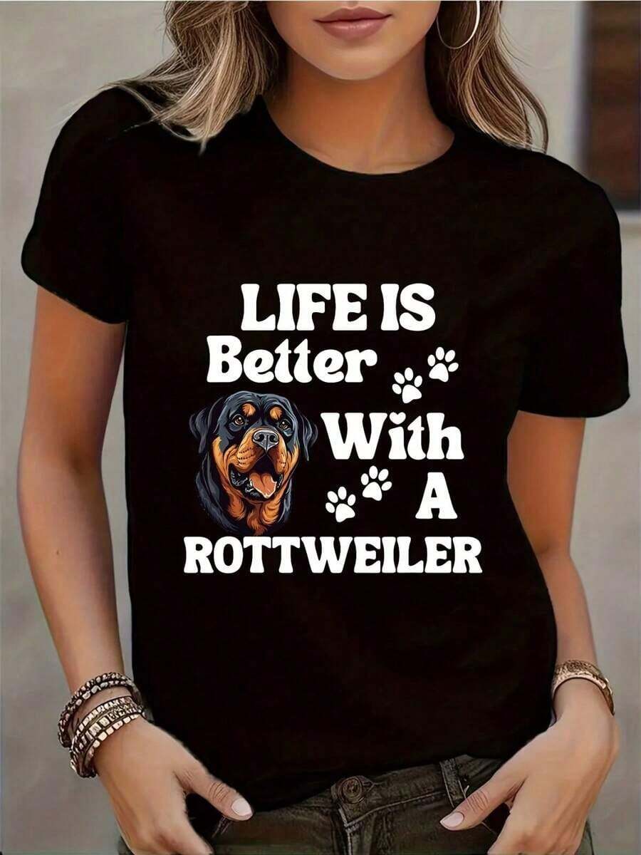 Camiseta Casual para Mujer con Estampado de Perro, Lavable a Máquina, Perfecta para Primavera y Verano, 100% Algodón - Negro - Ver 1