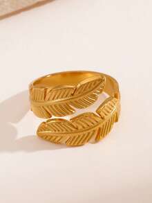 1 pieza Anillo abierto minimalista personalizado chapado en oro de 18K de acero inoxidable con pluma, adecuado para uso diario y fiestas de mujeres - Dorado - Ver 3