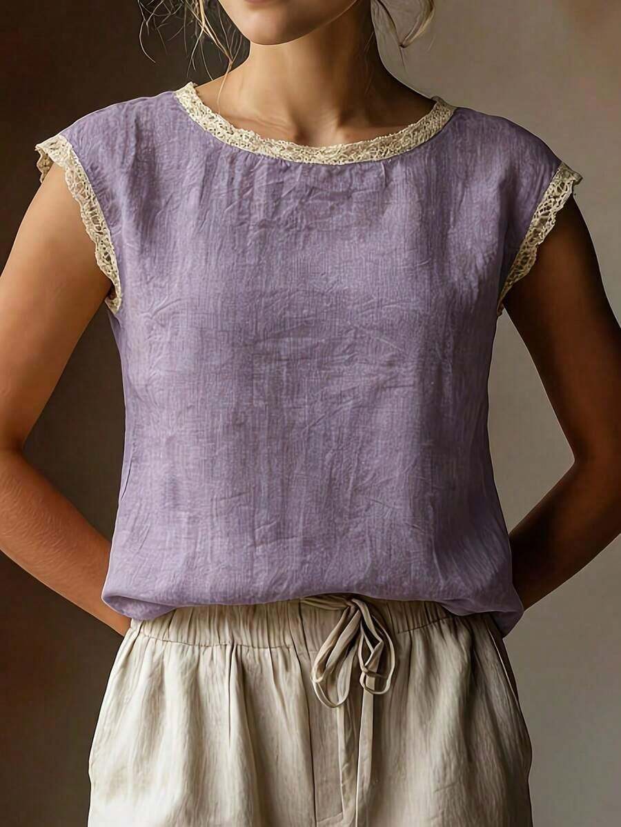 Blusa de manga corta de lino vintage para mujer, camiseta holgada de mezcla de lino con cuello redondo y parches de encaje, transpirable, para verano - Taro morado - Ver 1