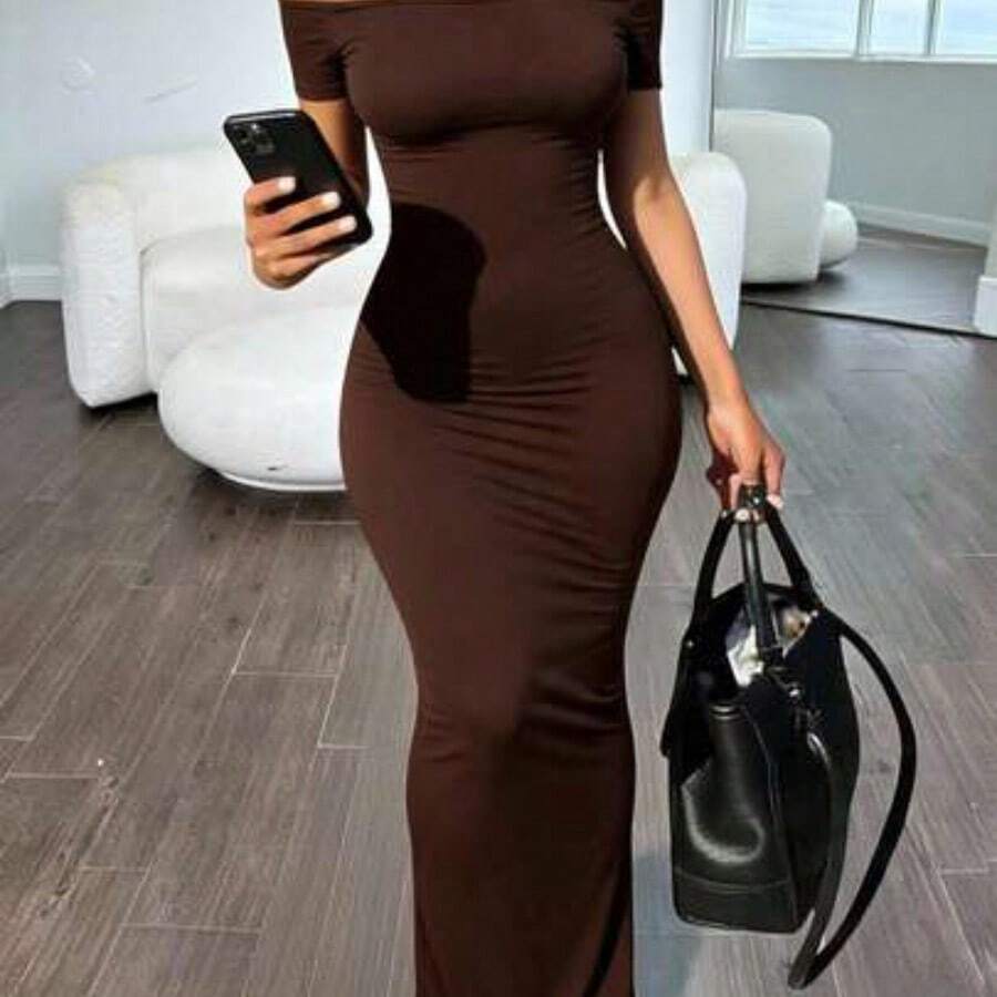 Solva Women's Solid Color Off-Shoulder Short Sleeve Fitted Elegant Dress - Café - Ver 1