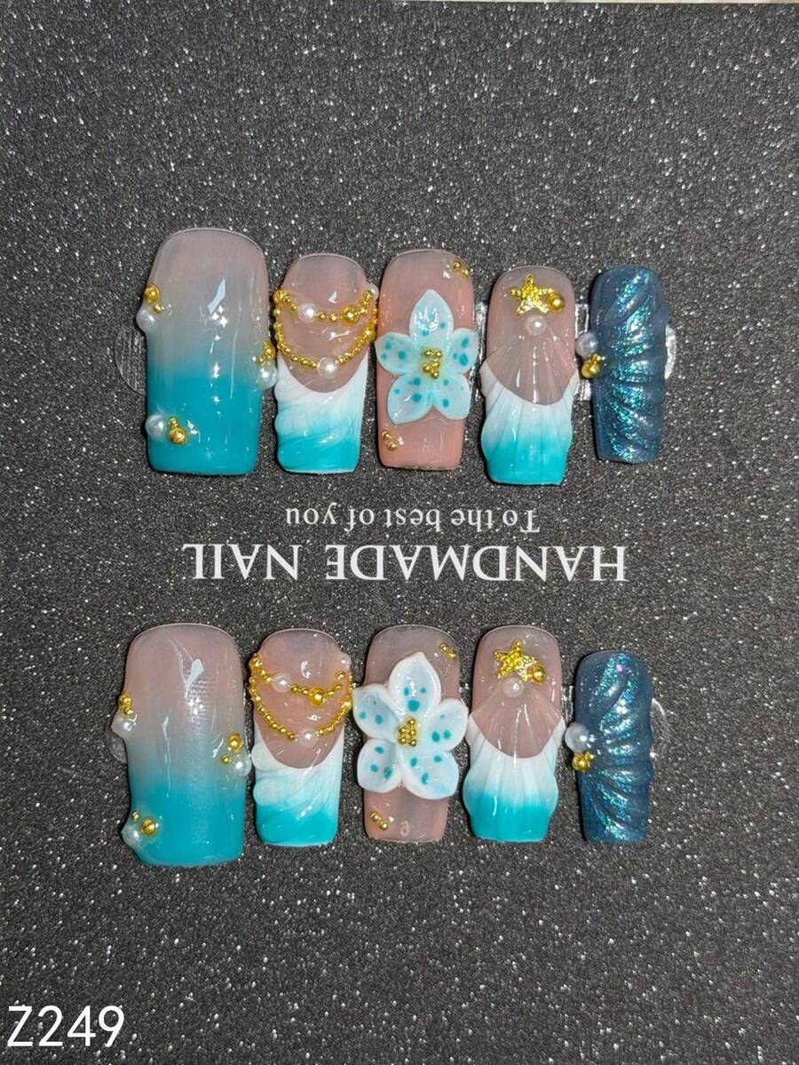 手工制作可佩戴美甲，中长方形渐变蓝绿色甲片，3D花朵珍珠金链美人鱼闪粉可重复使用假指甲