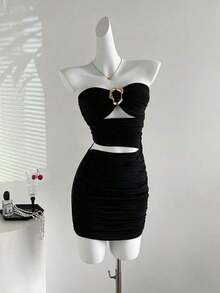 Vestido mini ajustado y sexy para mujer con hebilla metálica sin tirantes - Negro - Ver 5