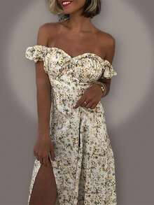 Vestido largo primavera con estampado floral volantes y abertura alta estilo europeo elegante para mujer - Albaricoque - Ver 3