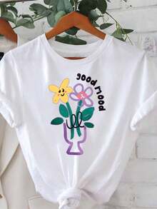 Women's T-Shirt With A Hand-Drawn, Childlike  Face And Vase Print, Perfect For Spring And Summer. Suitable For Everyday Wear, Meeting Up With Friends, Lively Social Events, School Outfits, And As A Pick-Me-Up When You're Feeling Down. Ideal For Everyday Use. - 白色 - 查看 7