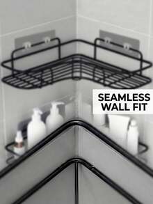 Estantería de esquina negra duradera y minimalista moderna con múltiples compartimentos de almacenamiento montados en la pared, a prueba de óxido y resistente, adecuada para almacenar limpiador, champú y cosméticos, instalación adhesiva, ahorradora de espacio - Multicolor - Ver 9