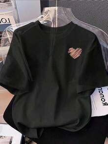 Suéter de punto ajustado de moda casual , camiseta de manga corta con estampado de corazones pequeños para mujer, transpirable y cómoda. - Negro - Ver 11