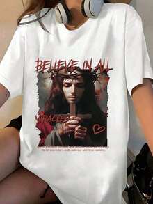 Gift1 pieza 180g Camiseta de algodón puro de manga corta impresa por un solo lado, "Camiseta de manga corta impresa de Jesús de la vida callejera, estilo callejero". Estilo retro hip-hop, camiseta de manga corta impresa Y2K de calle, camiseta deportiva. Selección de Regalos para el Día de San Patricio, Regalos de Fiesta y Regalos Imprescindibles para Primavera y Verano. Camiseta Casual Neutral de Cuello Redondo Es Adecuada para Festivales y Fiestas. 180g 100% Algodón Suave - Blanco - Ver 5