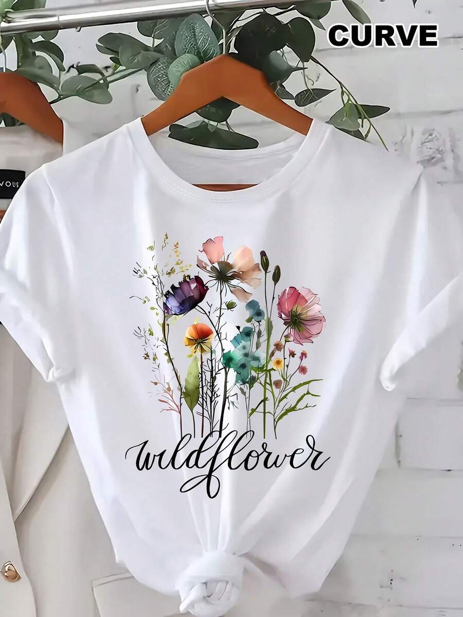 Camiseta de cuello redondo con estampado floral, camiseta casual de manga corta para primavera y verano, ropa de mujer.