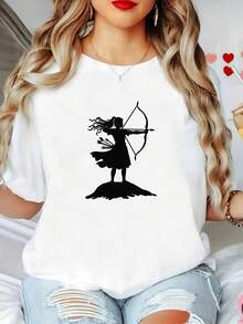 Green T-Shirt With Black Archery Design, White Short-Sleeved T-Shirt With Printed Round Neck, Machine Washable, Casual Style, Comfortable Fit, Modern Design, Versatile For Everyday Use, Soft Fabric, Fashionable Style. - White - View 8