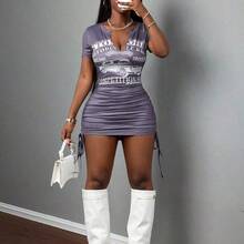 Slayr Casual Basic Sports Sexy Street Racer Graphic V-Neck Drawstring Bodycon Mini Dress - Amarillo - Ver 2