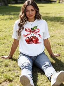 Camiseta de Cuello Redondo para Mujer con Estampado de Cereza y Lazo Rojo, Manga Corta, Estilo Casual de Verano - Blanco - Ver 3