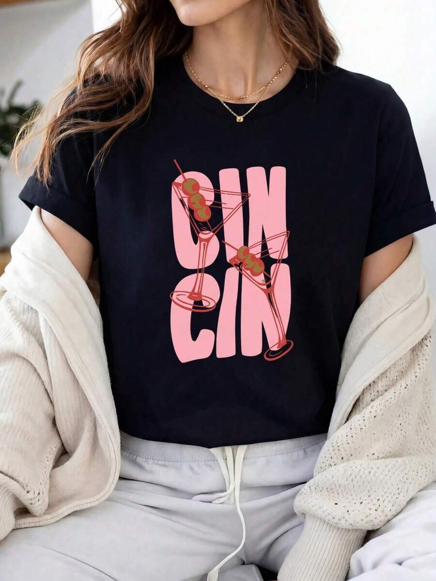 Camiseta Casual de con Estampado de Gin y Martini, Manga Corta y Cuello Redondo SBPS - Negro - Ver 1