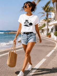 Envío local:Camiseta 100% Algodón, Diseño Playa Palmeras Atardecer, Estilo Casual Veraniego para Mujer - Blanco - Ver 2