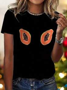 Women's Short-Sleeved Blouses, Soft Cotton Papaya Print T-Shirt, Gift For Friends, Valentine's Day, Summer Outfit, Fashionable Women's Summer Dresses, Casual, Perfect For All Seasons, Gym And Y2K Style, Round Neck, 100% Cotton, Soft Fabric, Short Sleeve, 100% Cotton. - 黑色 - 查看 4