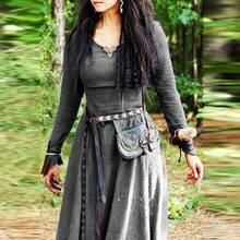 Medieval Retro Dress With Round Neckline, Long Sleeves, And A Slim Fit, Artistic Cotton-Linen Long Cosplay Dress For Women - Dark Grey - View 2