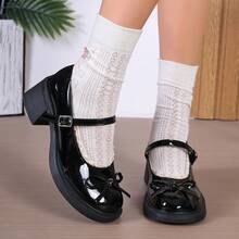 Glossy Black Lace Trim Bow Mary Jane Shoes For Women, Lace Lining Strap Shoes, Versatile Shoes For Pleated Skirts, JK School Style Commuter Shoes - Black - View 11