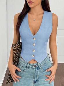 Chaleco delgado de un solo pecho de unicolor para mujer - Azul - Ver 1