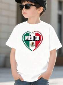 Heart With Mexican Flag In Green, White, And Red, Featuring The Eagle And Snake Emblem On A Cactus And The Word MEXICO In The Center, A Symbol Of Pride And Love. Boy's T-Shirt, 100% Cotton, Crew Neck - 黑色 - 查看 6