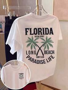 Under The Radar - Camiseta Casual Blanca para Mujer con Estampado de Palmeras de Florida Paradise Life, Cuello Redondo, Hombros Caídos, Manga Corta, Estilo Vintage Urbano, Unisex, de Algodón Suelto - Blanco - Ver 1