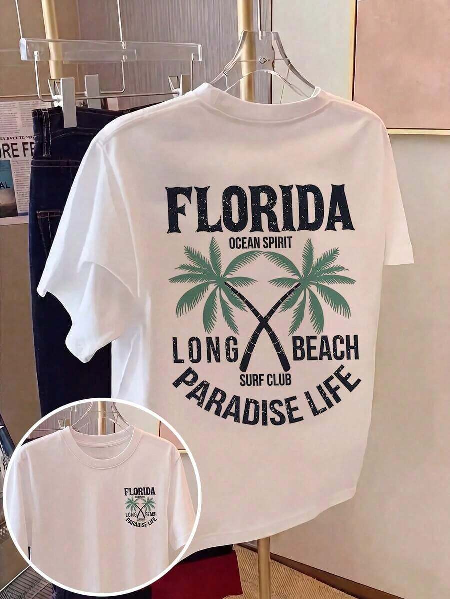 Under The Radar - Camiseta Casual Blanca para Mujer con Estampado de Palmeras de Florida Paradise Life, Cuello Redondo, Hombros Caídos, Manga Corta, Estilo Vintage Urbano, Unisex, de Algodón Suelto - Blanco - Ver 1