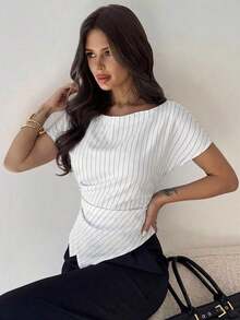 Blusa asimétrica casual y elegante a cuadros, adecuada para ir al trabajo, uso diario casual y vestimenta de negocios de moda / Ropa de otoño para mujer / Atuendos para volver a la escuela / Atuendos de maestra / Blusas para salir / Blusas para salir / Casual de negocios para mujer / Camisa a rayas / Casual de negocios para mujer / Camisas de maestra - Blanco 2 - Ver 3