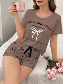 de pijama de pantalón corto y estampado de lazo y letra de manga corta - Multicolor 2 - Ver 3