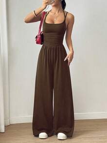 Tuta intera arricciata con scollo all'americana e gamba larga, tuta nera casual senza maniche per donna, abbigliamento estivo basic da strada. - Caffè Marrone - Visualizzare 5