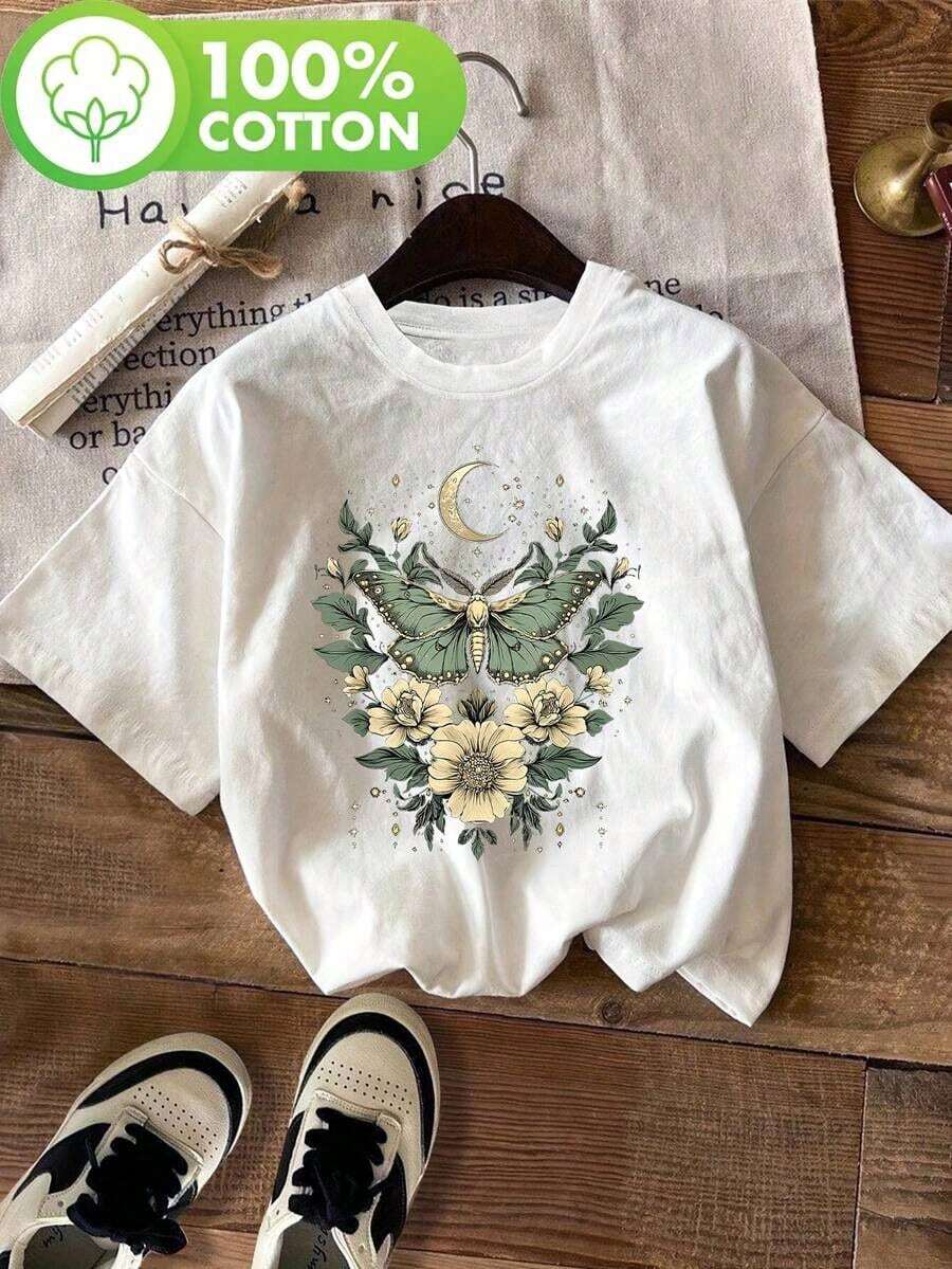 Camiseta Casual de Manga Corta con Cuello Redondo para Mujer - Estampado de Mariposas y Flores con Luna Creciente y Estrellas, Corte Holgado, Lavable, Top de Primavera y Verano, Ropa Transpirable, Estampado de Inspiración Natural, Tela Cómoda, Algodón KTJE - Blanco - Ver 1