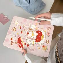 1个红色苹果兔印花Y型折叠平板电脑保护套，透明背板，多角度支架，笔槽，防震软边，兼容iPad 10代/Air4/5/Pro 11英寸/9/8/7代，甜美女孩必备保护套，苹果兔Y型折叠保护套，带蛋糕蝴蝶结设计 - 彩色 - 查看 2
