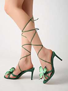 2026 Thailand Niche 3D Butterfly & Flower Decor Sandals, French Style Pointed Toe High Heel Shoes For Summer - Green - View 3