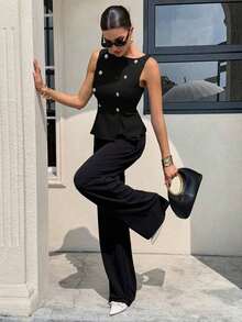 Blusa elegante sin mangas con cintura ceñida para uso diario, verano - Negro - Ver 5