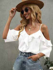 Blusa de volantes con hombros descubiertos de unicolor, estilo de vacaciones de playa para mujer - Blanco - Ver 7